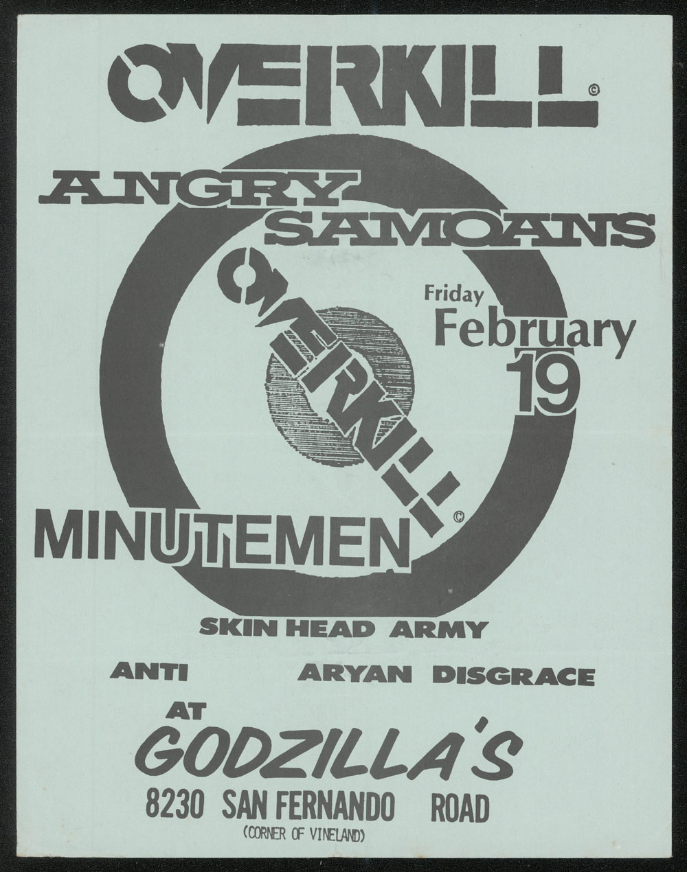 OVERKILL w/ Angry Samoans, Minutemen, Skinhead Army, Aryan Disgrace at Godzilla's