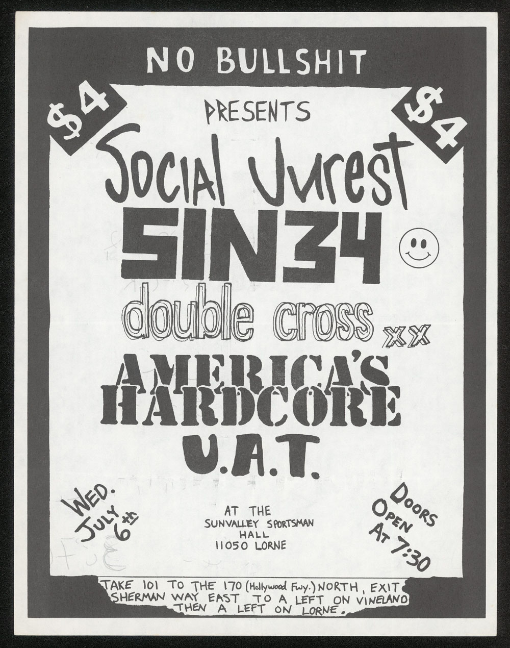 SOCIAL UNREST w/ Sin 34, Double Cross, America's Hardcore, U.A.T. at Sun Valley Sportsman Hall