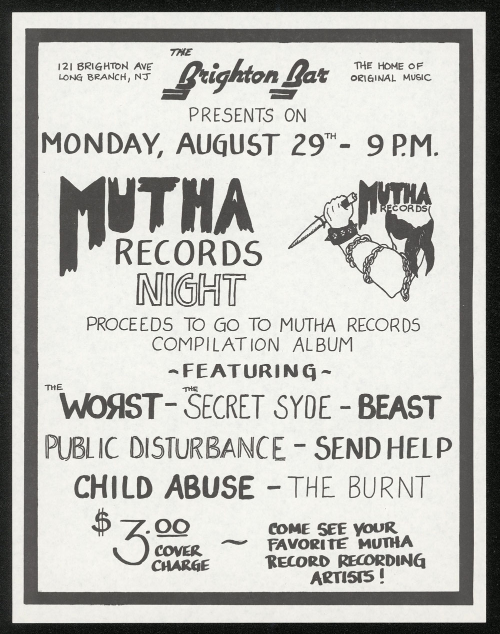 MUTHA RECORDS NIGHT w/ Worst, Secret Syde, Beast, Public Disturbance, Send Help, Child Abuse, Burnt at Brighton Bar